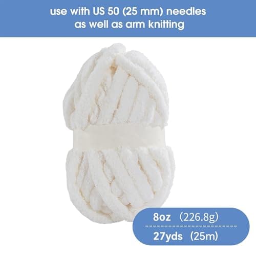 HOMBYS White Chunky Chenille Yarn for Crocheting, Bulky Thick Fluffy Yarn for Knitting, Super Bulky Chunky Yarn for Hand Knitting Blanket, Soft Plush Yarn, 8 Jumbo Pack (27 yds,8 oz Each Skein)