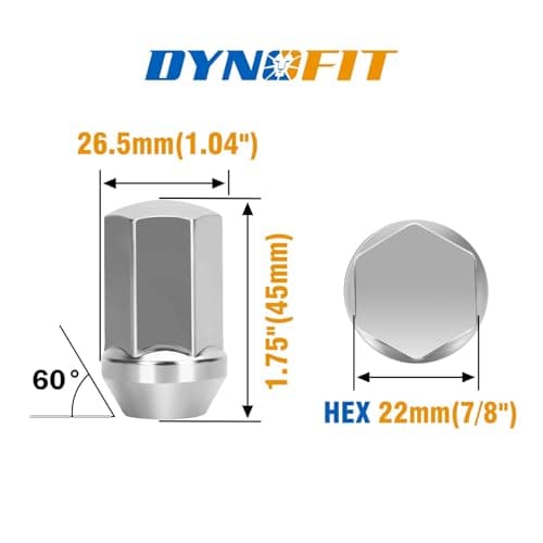 dynofit 24pcs 14x1.5 OEM Lug Nuts Compatible with Chevy Ford Ram GMC,1.75 inch Height 7/8" Hex(22mm), One-Piece Design Factory Chrome Wheel Nuts for Silverado 1500 Tahoe F150 Buick Dodge Cadillac