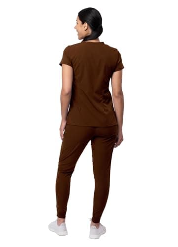 Adar Uniforms, Pro Movement Booster Scrub Set for Women - Sweetheart V-Neck Scrub Top & Yoga Jogger Scrub Pants - P9400 - Coffee - L
