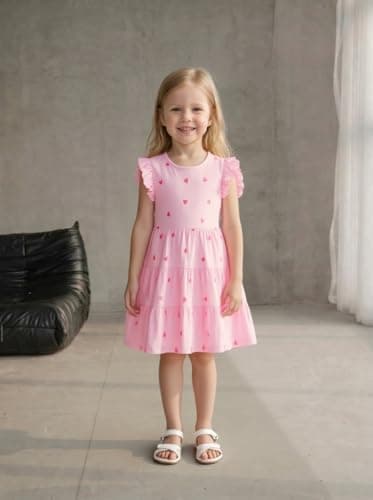 Winzik Girls Dress, Toddler Summer Short Sleeve Cotton Casual Ruffle Dresses Clothes 18M-7Y(5-6 Years, Pink Heart)