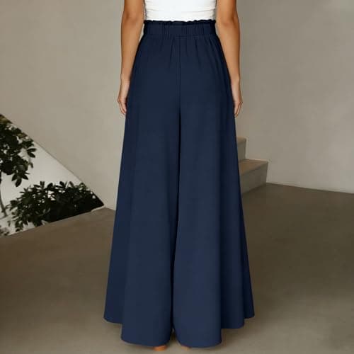 Palazzo Pants Women Summer Elastic High Waisted Wide Leg Flowy Pants for Beach Vacation Comfy Trousers with Pockets Navy
