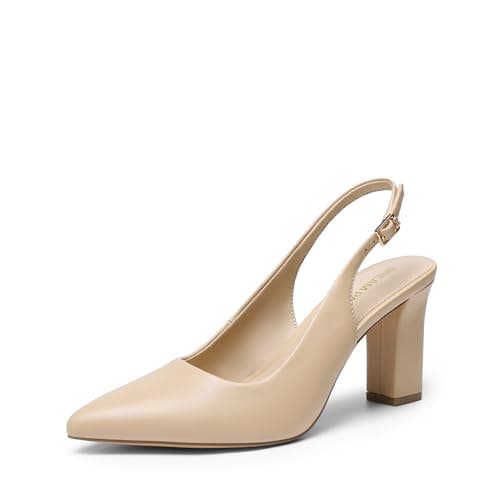 DREAM PAIRS Womens Slingback High Chunky Heels Pumps,Nude,7.5
