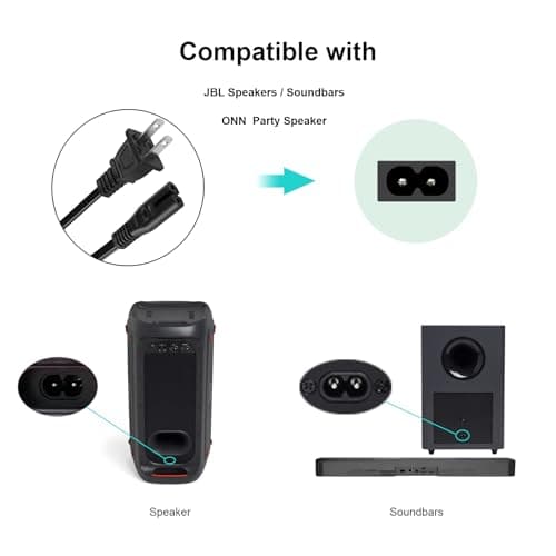 10Ft 2 Prong AC Power Cord for Onn Party Speaker/JBL PartyBox 100 110 200 300 310 710 1000 On-The-Go Speaker/JBL Xtreme (Extreme) / JBL Soundbar Subwoofer Power Cable Replacement