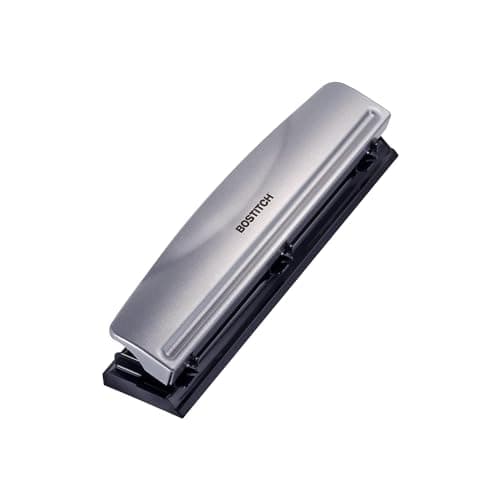 Bostitch Office Premium 3 Hole Punch, 12 Sheet Capacity, Metal, Rubber Base, Easy-Clean Tray, Silver