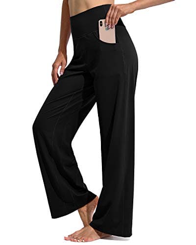 Promover Wide Leg Pants Woman Yoga Pants with Pockets Loose Stretch Casual Lounge Sweatpants Women Fashion Clothing(Black,M,Regular)