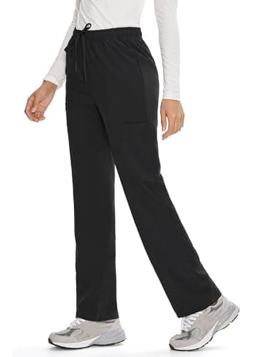 COZYFIT Straight Leg Scrub Pants for Women, Drawstring Soft Stretch, Anti-Wrinkle Women's Scrub Pants with 6 Pockets,Black,L