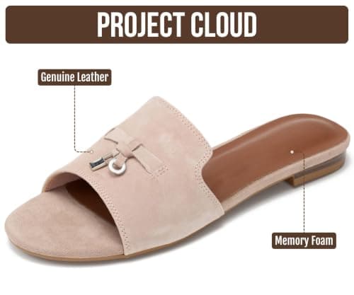 Project Cloud 100% Genuine Leather Sandals Women Dressy - Non-Slip Womens Sandals with Memory Foam Insole Slides for Women Footwear - Lightweight Flat Sandals for Women 2026 (Cannes, LATTESUED,8M)