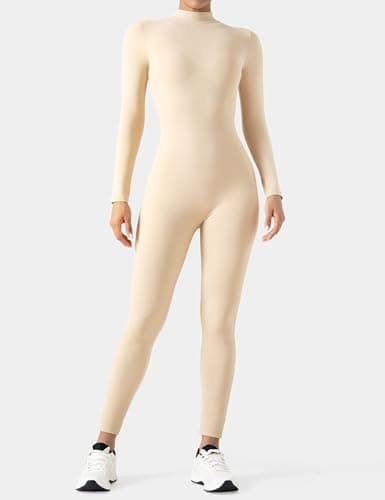 speerise Women Bodysuit Rompers Long Sleeve Jumpsuits Leotards One Piece Tummy Control Yoga Workout Outfits, Flesh, Large