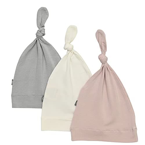 KYTE BABY Bamboo Baby Beanie Hats - Super Soft Knotted Caps Available in Pattern and Solid Colors - 3 Pack, Storm/Blush/Cloud, 12 Months