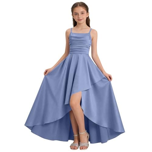 Junior Bridesmaid Long Dresses Teen Girls a Line Dress Chiffon Formal Ruffles Skirt Skater School Recital Dress Blue