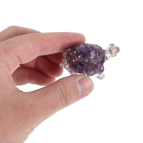 HEALEEP Feng Shui Crystal Turtle Figurine, Purple Amethyst and Gold Leaf Miniature Sculpture for Home and Office Decor Desk Ornament