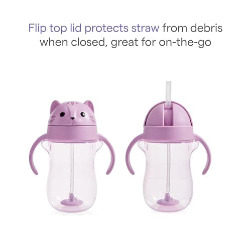 Munchkin Any Angle Spill Proof Weighted Straw Trainer Cup, Transition Sippy Cups for Toddlers and Babies, Click Lock Technology & Fun Cat Design, 10 Ounce, Purple
