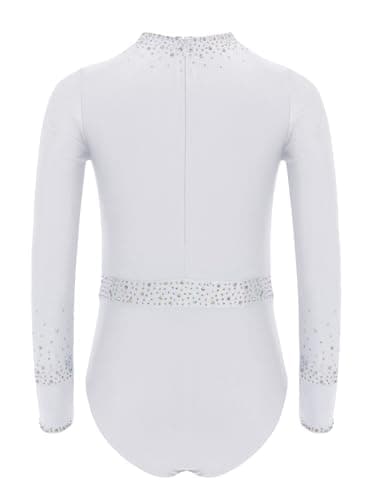 Xroufi Gymnastics Leotard for Girls Sparkle Diamond Long Sleeve Dance Bodysuit Biketard Training Practice Outfit White 8