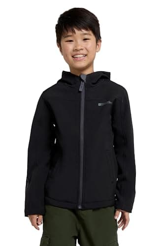 Mountain Warehouse Exodus Kids Softshell Jacket With Hood -Girls Boys Black Kids 11-12 Yrs (140-152 cm)