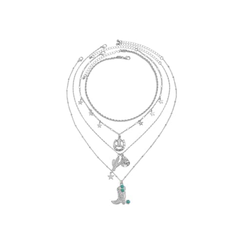 Boho Layered Necklaces for Women Turquoise Necklace Turquoise jewelry for Women Western Necklace Cactus Horseshoes Boots Hats Pendant Necklace Stack Bohemian Jewelry (Style 2 - silver cactus horseshoes boot hat)