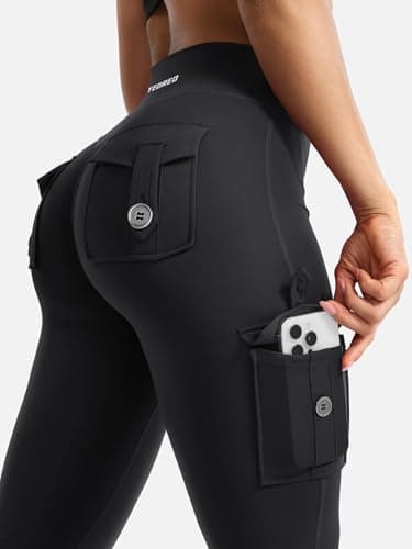 YEOREO CoreFlex Women Workout Flare Leggings with Pockets Hidden Scrunch High Waisted Cargo Gym Yoga Leggings Black XL