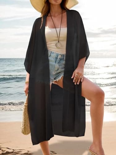 MayBuy Women's Summer Long Flowy Kimono Cardigans Boho Chiffon Beach Cover Up Tops, 002 Black, Large