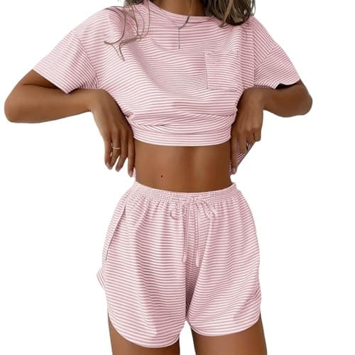 Ekouaer Womens Striped Pajama Sets Sexy Lounge Sets Side Split Short Pj Sets Cute Pjs 2 Piece Comfy Sleepwear Loungewear Pink and White Stripes Medium