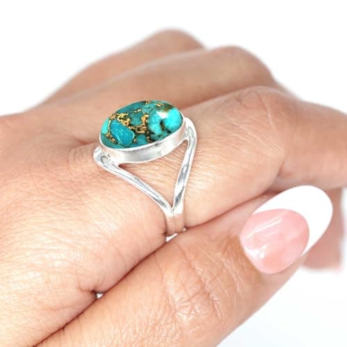 JEWELOPORIUM Copper Blue Turquoise Silver Ring Size 7, 925 Sterling Silver Ring for Women, Oval Gemstone Handmade Jewelry