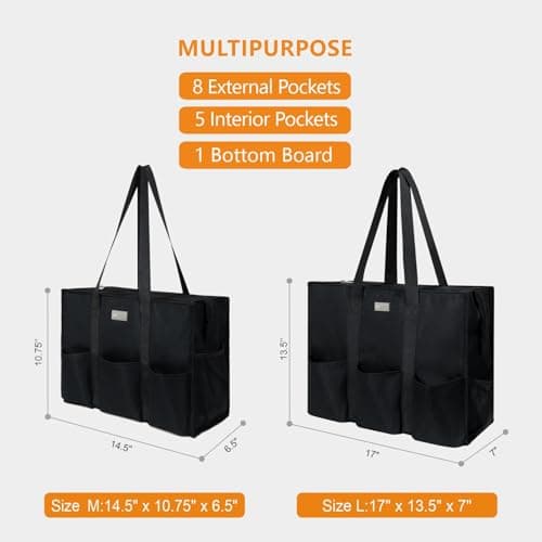 TOPDesign Utility Water Resistant Tote Bag with 13 Exterior & Interior Pockets, Top Zipper Closure & Thick Bottom Support, for Working Women, Teachers, Nurses, Accountants (Black)