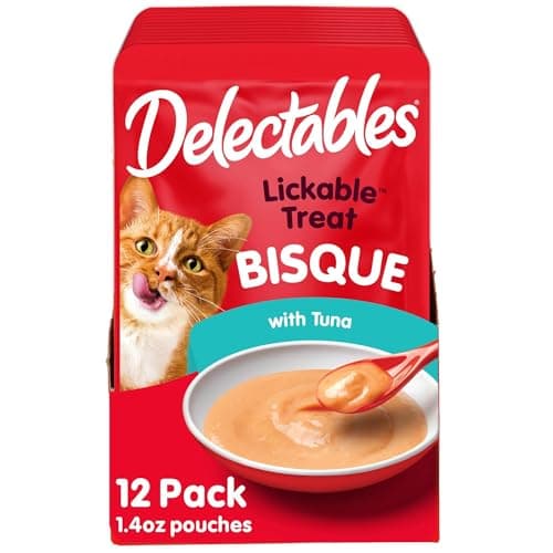 Delectables Lickable Treat Bisque Wet Cat Treat with Real Tuna, Food Topper, Hydrating, Grain-Free, No Fillers, By-Products, Added Preservatives, 1.4oz Pouch, 12ct