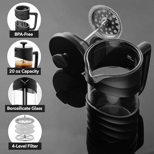 OVENTE 20oz French Press Coffee Maker with 4-Level Filtration, Black FPW20B
