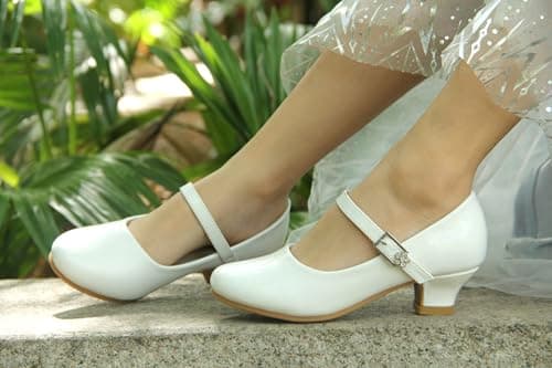 EIGHT KM Girls High Heel Dress Shoes Mary Jane Princess Wedding Party Pump Shoes EKM7015 Patent Leather White Size 2 US Little Kid