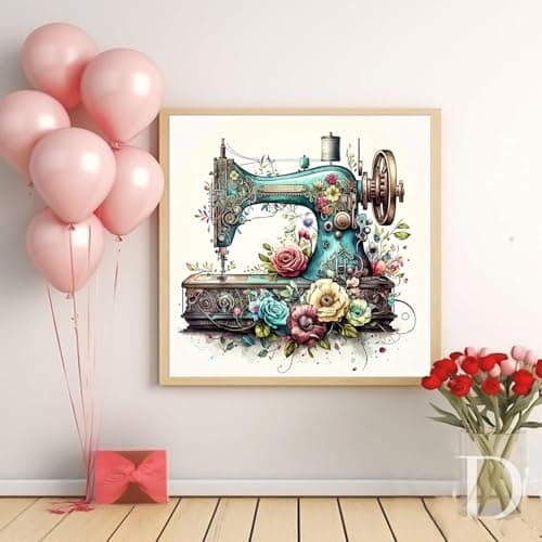 KTHOFCY 5D DIY Diamond Painting Kits for Adults, Sewing Machine and Flowers Full Drill Embroidery Cross Stitch Crystal Rhinestone Paintings Pictures Arts Wall Decor Painting Dots Kits 11.8X11.8 inch