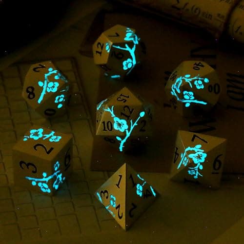 Silver Metal DND Dice Set, 7PCS D&D Metal Dice with Metal Case for Dungeons and Dragons, Shadowrun, Pathfinder, Savage World and Table Games (Glow in The Dark Blue)