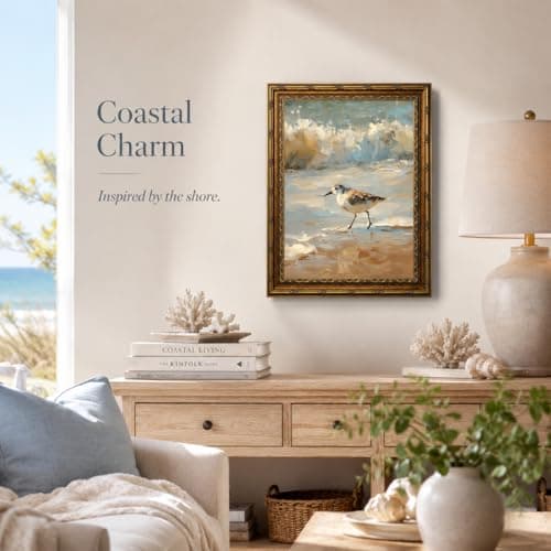 Vintage Framed Coastal Wall Art,Beach Sandpiper Bird Oil Painting, Antique Gold Ornate Frame, Seaside Ocean Waves Canvas Decor for Beach House, Bathroom, Living Room 11" L x 9" W