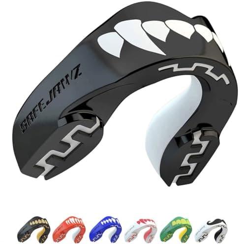 SAFEJAWZ Mouthguard Strapless Slim Fit, Adults and Junior with Case for Boxing, Basketball, Football, MMA, Martial Arts, Hockey and All Contact Sports (Adult (12+ Years), Black Fangz)