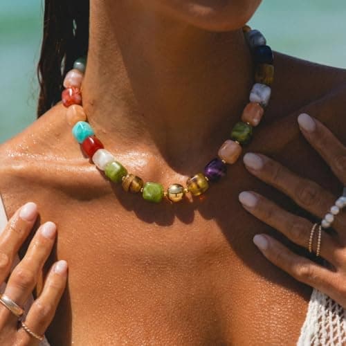 INNERDIVA Chunky Beaded Necklace for Women Colorful Big Large Resin Bead Statement Bubble Choker Necklace Trendy Summer Beach Beachy Womens Necklace Rainbow Gemstone Charm Jewelry Accessories Stuff