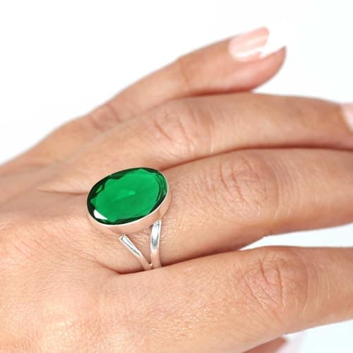JEWELOPORIUM Green Emerald Simulated Silver Ring Size 5, 925 Sterling Silver Ring for Women, Chunky Oval Gemstone Handmade Jewelry