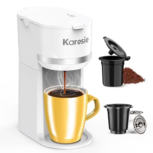 Karosie Single Serve Coffee Maker for Coffee Pods and Grounds,Fast Brew, 6-12 oz Brew Sizes Single Cup Coffee Maker Fits 5.5" Mugs,One-Button Small Coffee Maker,Descaling Reminder,White,9.45 Inches