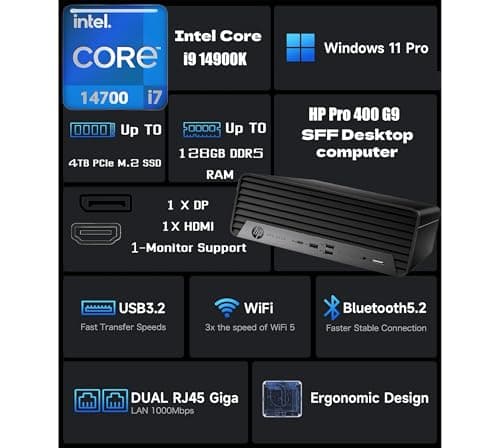 HP ProDesk SFF 400 G9 Business Desktop Computer, 14th Gen Inte i7-14700(20-Cores/28-Threads), 32GB DDR5 RAM, 2TB Storage, Small Form Factor, DisplayPorts, Type-C, Wi-Fi, HDMI, Windows 11