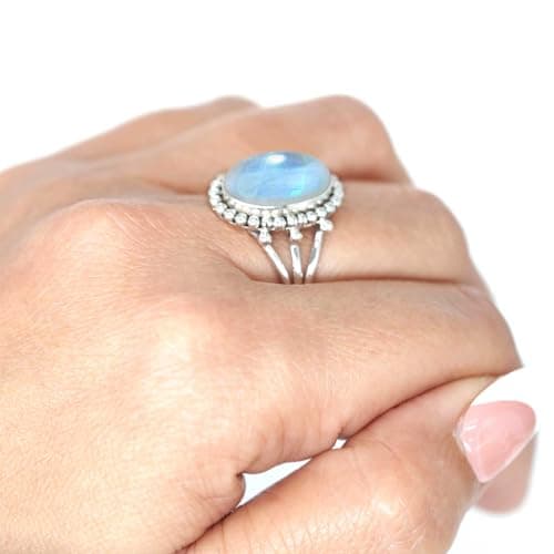 JEWELOPORIUM White Moonstone Silver Ring Size 8, 925 Sterling Silver Ring for Women, Natural Oval Stone Boho Jewelry