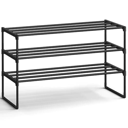 SONGMICS Shoe Rack, 3-Tier Shoe Organizer, Sturdy Storage Shelf, Upright or Upside Down, for 16-20 Pairs, Stackable, for Entryway, 30 x 92 x 55 cm, Black ULSA303B02