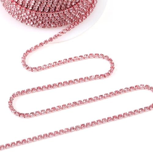 Rytenz 10 Yards 4 MM Rhinestone Chain Trim Crystal Rhinestone Close Chain Trim Shiny for Sewing Crafts, DIY Decoration, Jewelry, Clothing, Shoes (Light Pink)