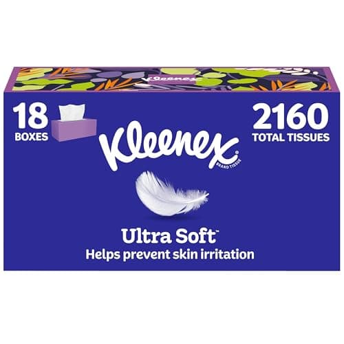Kleenex Ultra Soft Facial Tissues, 18 Flat Boxes, 120 Tissues per Box, 3-Ply (2,160 Total), Packaging May Vary