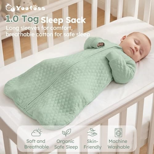 Yoofoss Baby Sleep Sack 0-6 Months 1.0 Tog Long Sleeve Sleep Sack Organic Cotton Wearable Blanket for Newborns 2-Way Zipper Quilted Sleeping Sacks(Small)