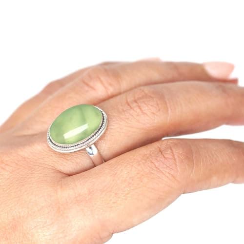 JEWELOPORIUM Green Prehnite Silver Ring Size 11, 925 Sterling Silver Ring for Women, Genuine Chunky Oval Stone Boho Jewelry