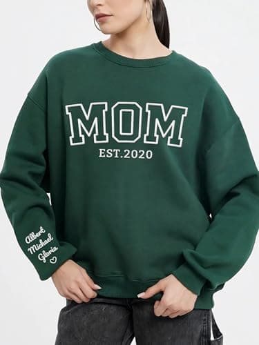 YUNART Personalized Mothers Day Christmas Birthday Gift for Mom, Custom Embroidered Sweatshirt and Hoodie with Names on Sleeve, Customized Mom EST Shirt