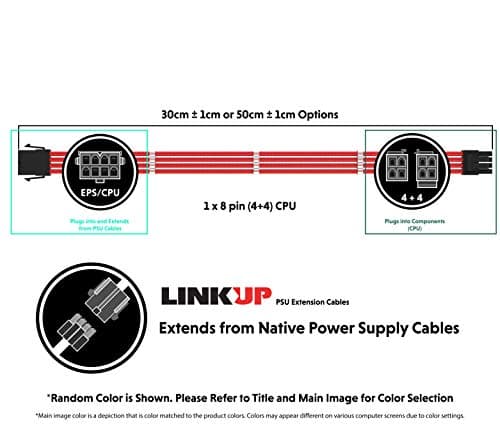 LINKUP - AVA 30cm EPS 8P(4+4) CPU ATX Motherboard PSU Power Supply Braided Sleeved Custom Mod PC Extension Cable w/Combs | Strong & Stiff Design | Single Pack | 300mm - White