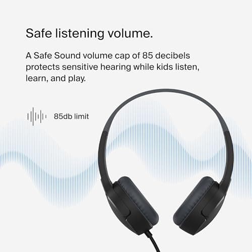 Belkin SoundForm Mini Kids Wired Headphones with Built-in Microphone & Fun Stickers, 85dB Safe Volume Limit – for Online Learning, Travel, Compatible w/iPhone 15, iPad, Galaxy S23, & More - Black