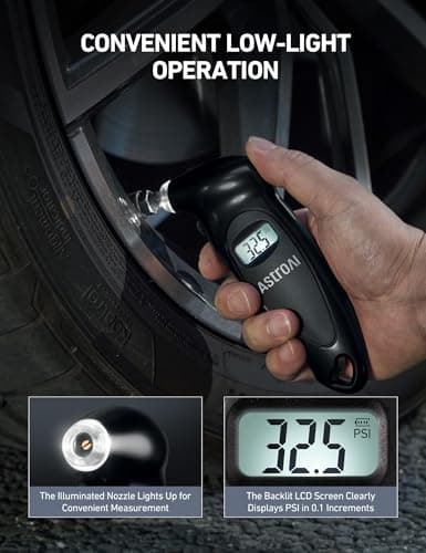 AstroAI Digital Tire Pressure Gauge 200 PSI, ANSI B40.7 Grade 2A Certified (+/-0.5%) Tire Pressure Monitor with AAA Batteries, Backlit LCD Displays, 4 Pressure Unit Settings for Car Trucks, Black,1P