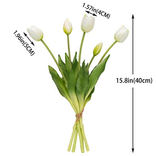 DUYONE 15Pcs Artificial Tulips Flowers, Soft Touch Realistic Latex Tulips Bouquet for Home Office Wedding Party Garden Decor, Fake Flowers for Centerpieces Dining Table Living Room Spring(White,15pcs)