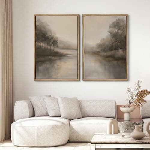 SIGNWIN Framed Canvas Print Wall Art Set Calm Misty Riverside Forest Landscape Illustration Modern Art Minimalism Decorative for Living Room, Bedroom, Office - 16"x24"x2 Natural