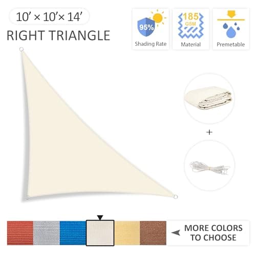Yardmaker 10'x10'x14' Sun Shade Sail Right Triangle Canopy Shade Cover for Patio Garden Outdoor Backyard, Cream