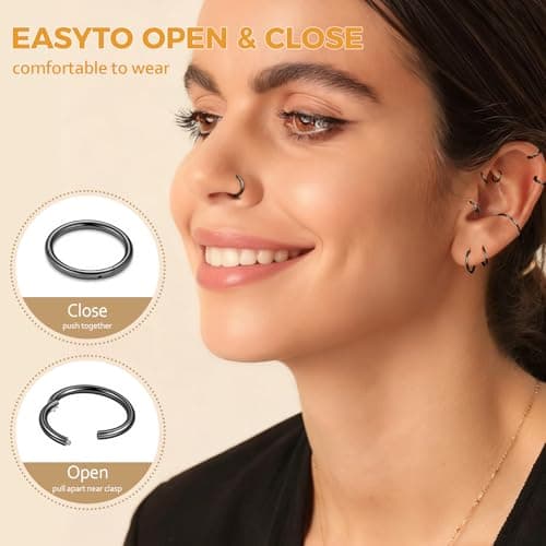 Afftiny Nose Rings Hoops Septum, Surgical Steel Seamless Clicker for Tragus Helix Conch Daith, Hypoallergenic, 20G/18G/16G, 6-12mm, Gold, Silver, Black, Rainbow, Rose Gold (Black, 2pcs-18G-12mm)