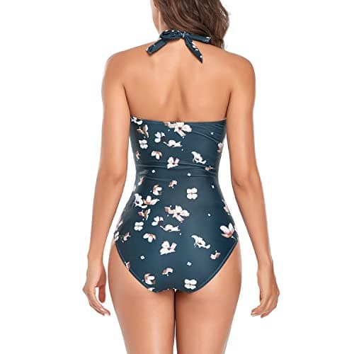 Smismivo Dark Green Floral Tummy Control Swimwear Halter One Piece Slimming Vintage Retro Swimsuit Womens Ruched Plus Size Push Up Bathing Suit